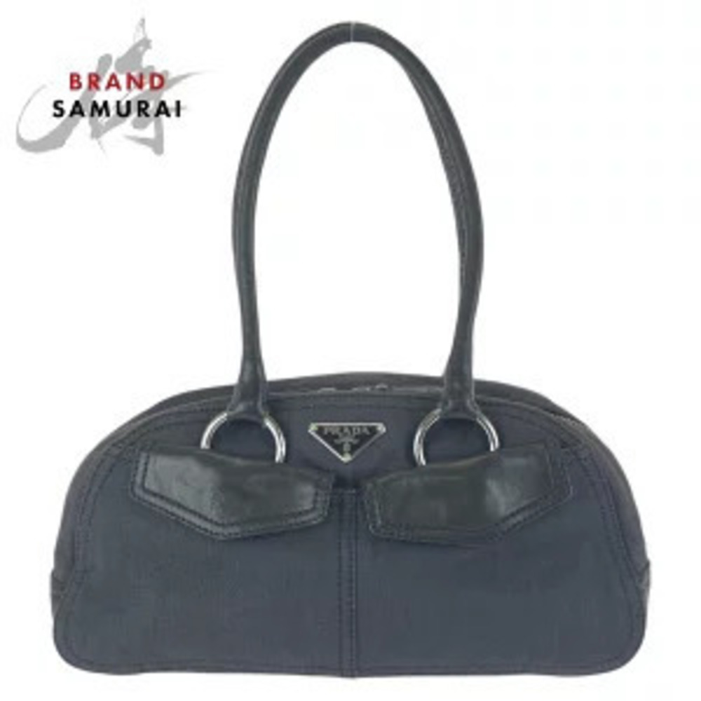 Prada shoulder bag black triangular plate Gunmetal Gray denim leather
